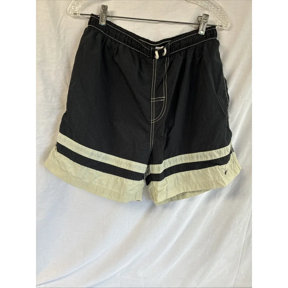 Hang Ten Swim Trunks Mens Medium Black Tan Colorblock Mesh Lined Elastic Waist